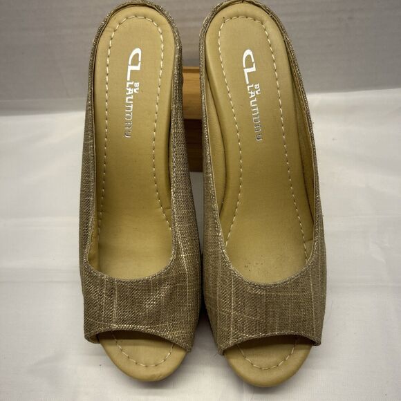 CL Laundry DATE NIGHT Platform Wedge Slip On Gold Shimmer Raffia Jute Bottom 7M - Picture 3 of 13